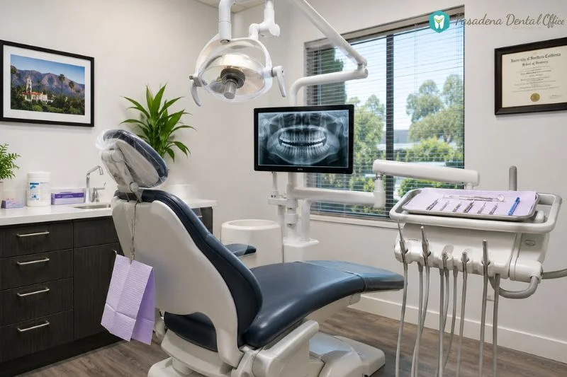 Dental treatment room for pasadena dentist Pasadena care, with dental chair and imaging display